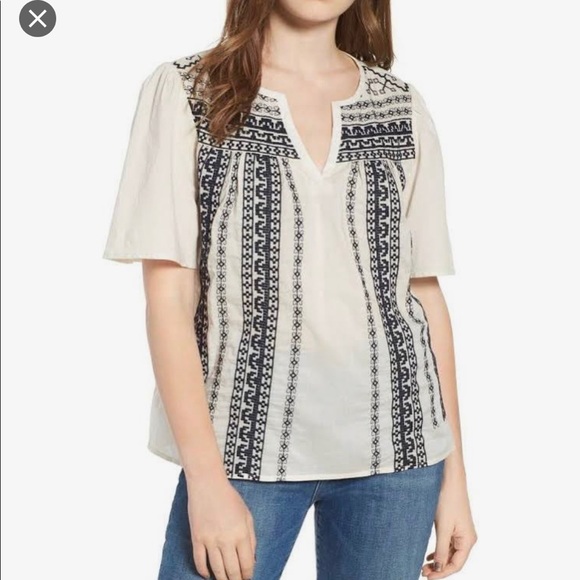 Hinge Peasant Top Size Medium White Blue Boho - Picture 3 of 7